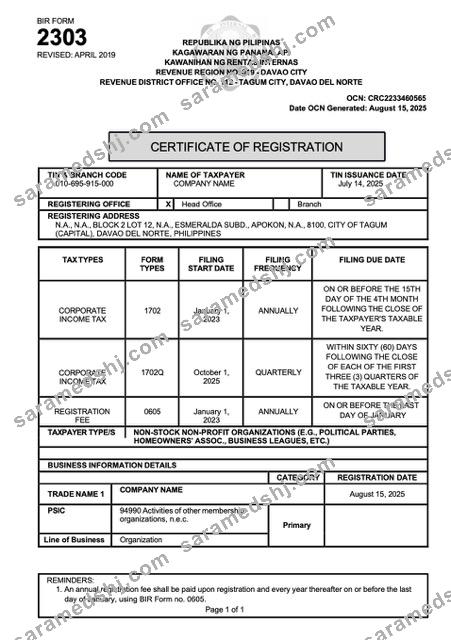 Philippines certificate of registration Word and PDF template